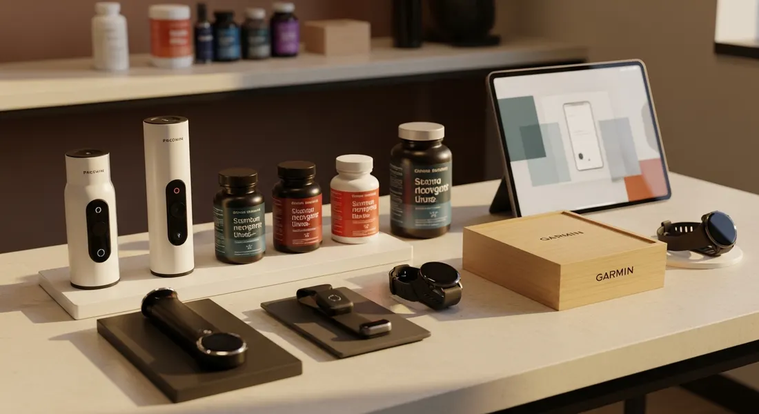 Curated wellness retail display table beside a tablet showing a storefront UI