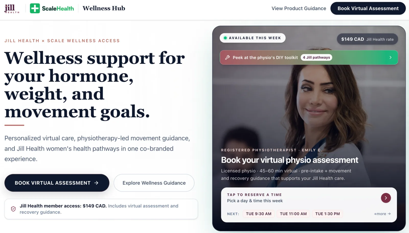 Jill Health × Scale Wellness Access co-branded hub — virtual physio assessment booking