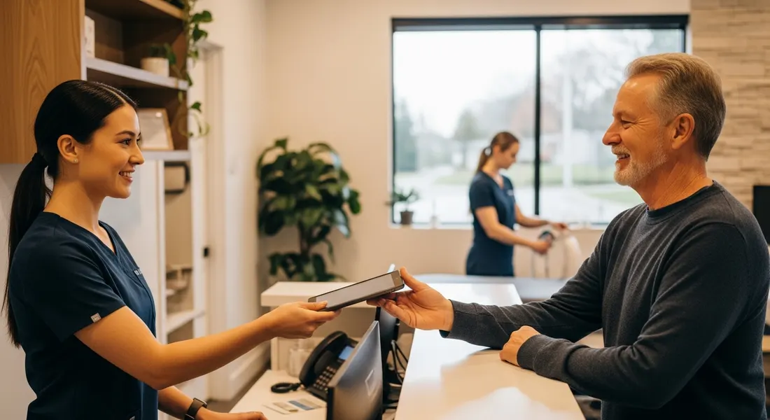 Receptionist handing a tablet to a patient at a modern Canadian partner location