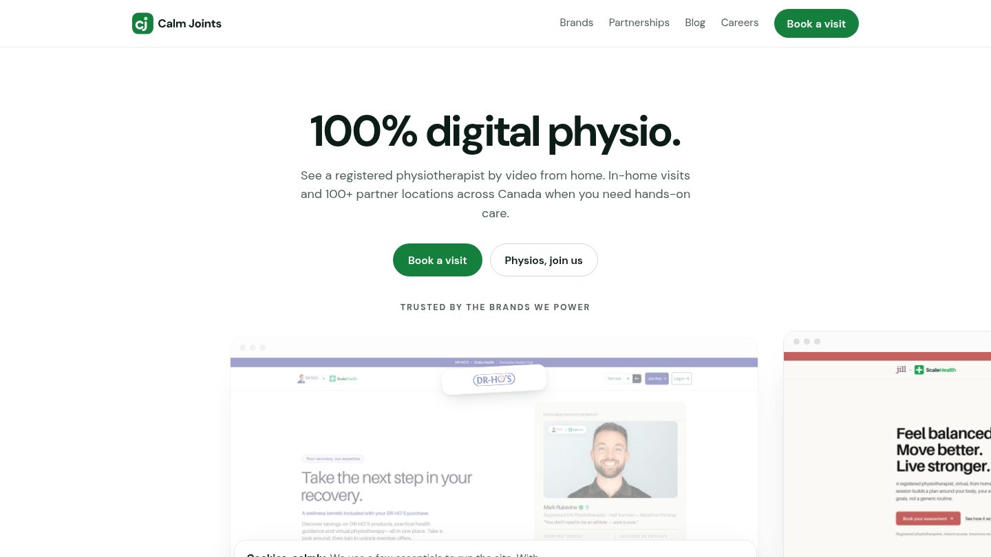 Calm Joints homepage — digital physio, then in-person care